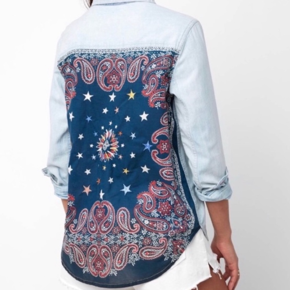 FreePeople denim button up with bandana back patch